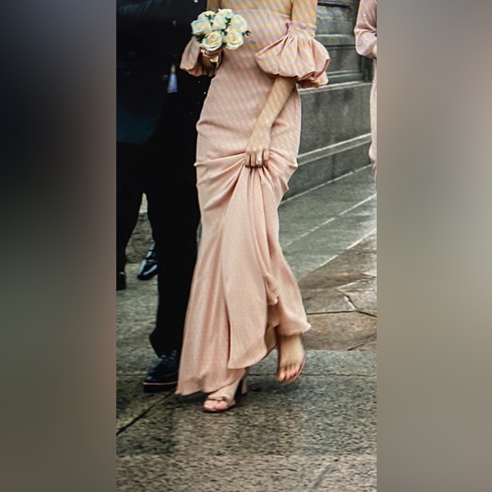 Puff Sleeve Maxi Dress Gown in Pink Nude Champagne. Brand is Fame and Partners.